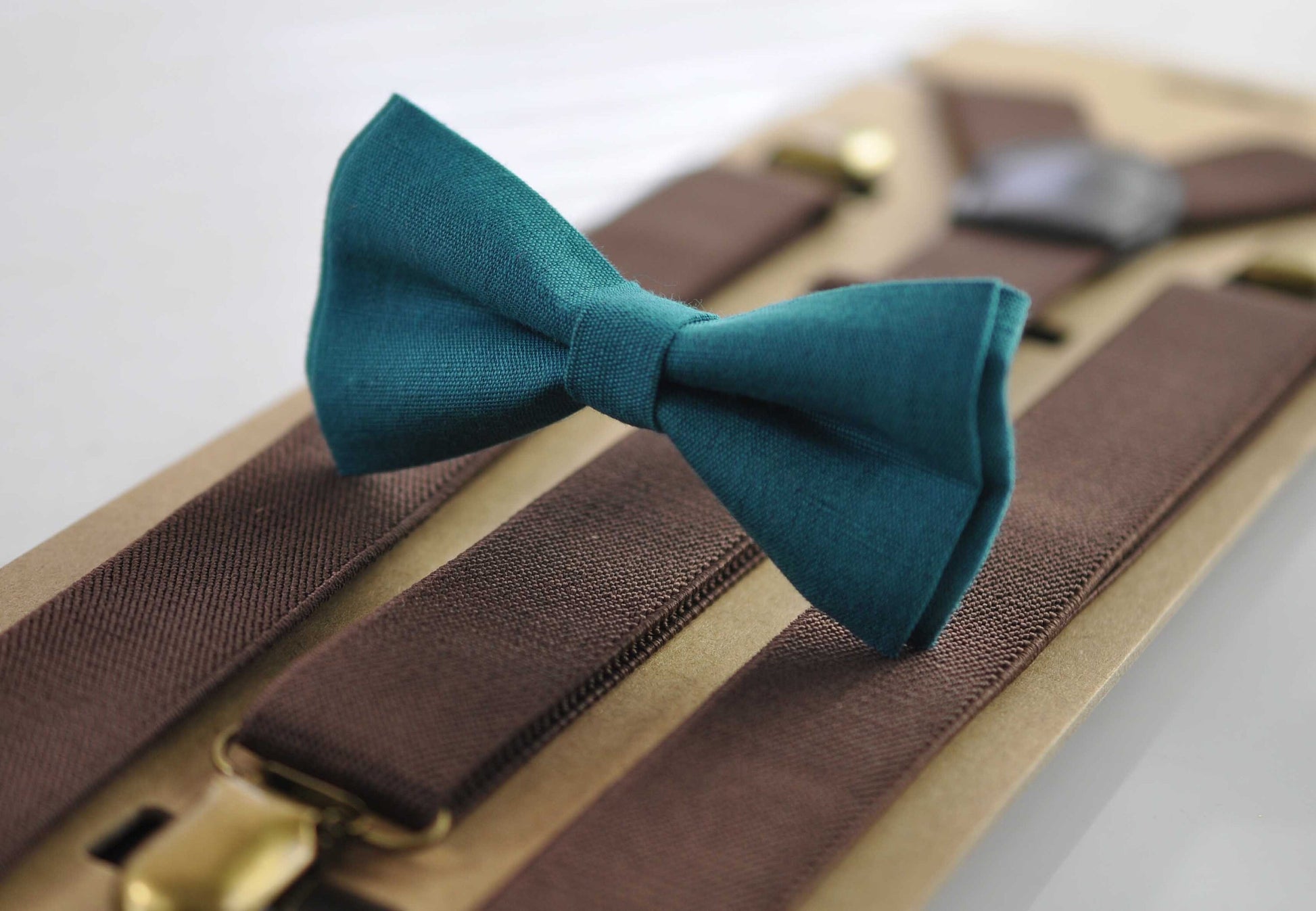 Turquoise Teal Blue Linen Bow tie Bowtie + Dark Coffee Brown Elastic Suspenders Braces for Men / Youth / Boys Kids / Baby Infant Toddler