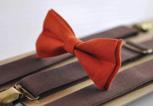 Burnt Orange Linen Bow tie Bowtie + Dark Coffee Brown Elastic Suspenders Braces for Men / Youth / Boys Kids / Baby Infant Toddler