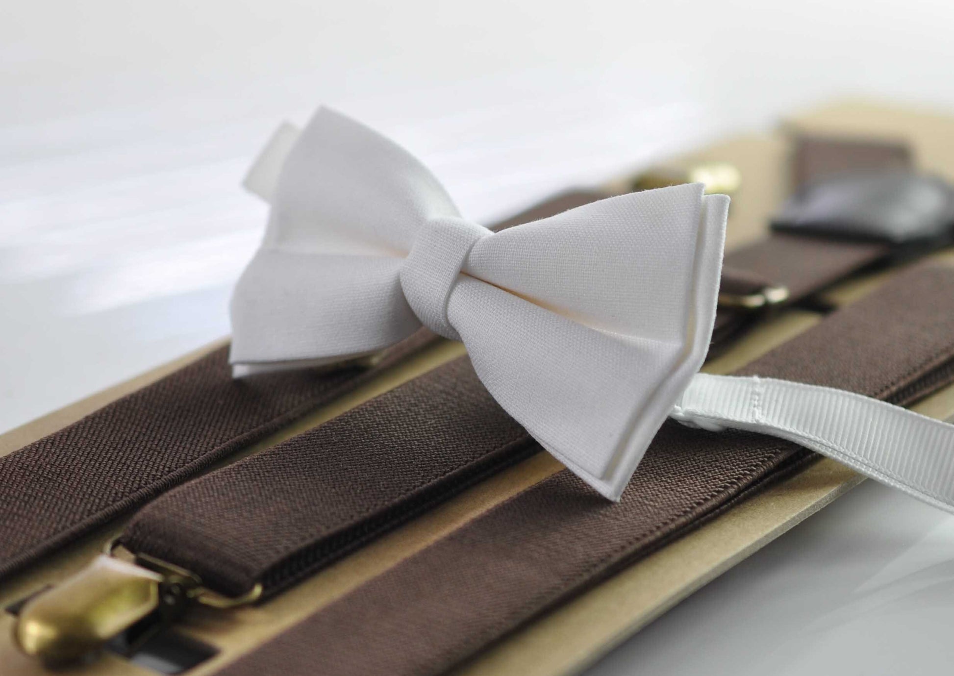 White Cotton Bow tie Bowtie + Dark Brown Coffee Chocolate Elastic Suspenders Braces for Men / Youth / Boys Kids / Baby Infant Toddler