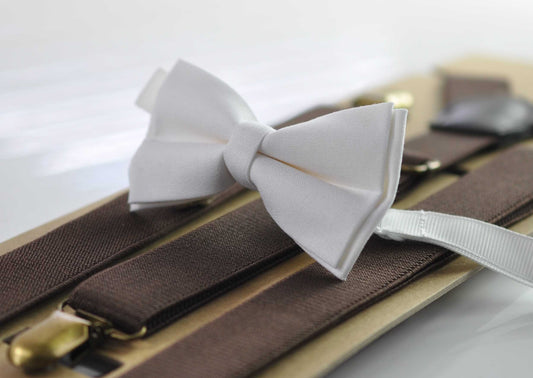 White Cotton Bow tie Bowtie + Dark Brown Coffee Chocolate Elastic Suspenders Braces for Men / Youth / Boys Kids / Baby Infant Toddler