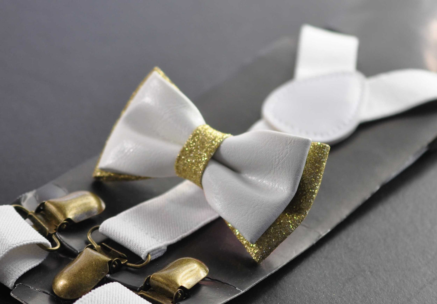 White Gold Faux Leather Bow tie + Matched Elastic Suspenders Braces Gold Golden Metal Clips Men / Youth / Kids Boy /Toddler Baby Infant