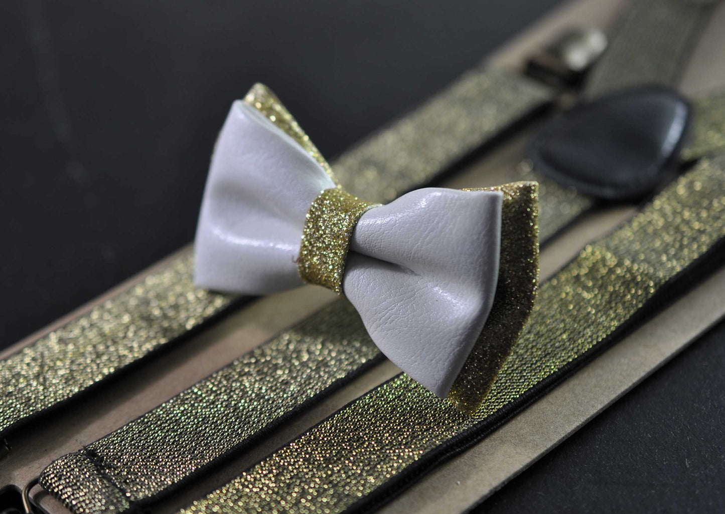 White Gold Faux Leather Bow tie + GOLD Elastic Suspenders Braces For Men / Youth / Kids Boy /Toddler Baby Infant