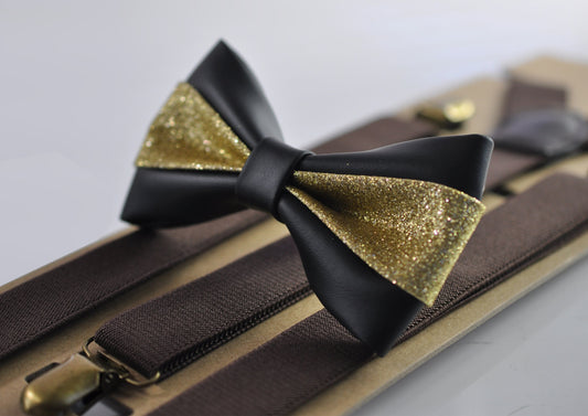 Black Gold Golden Faux Leather Bow tie + Dark Brown Coffee Elastic Suspenders Braces Men / Youth / Kids Boy /Toddler Baby Infant