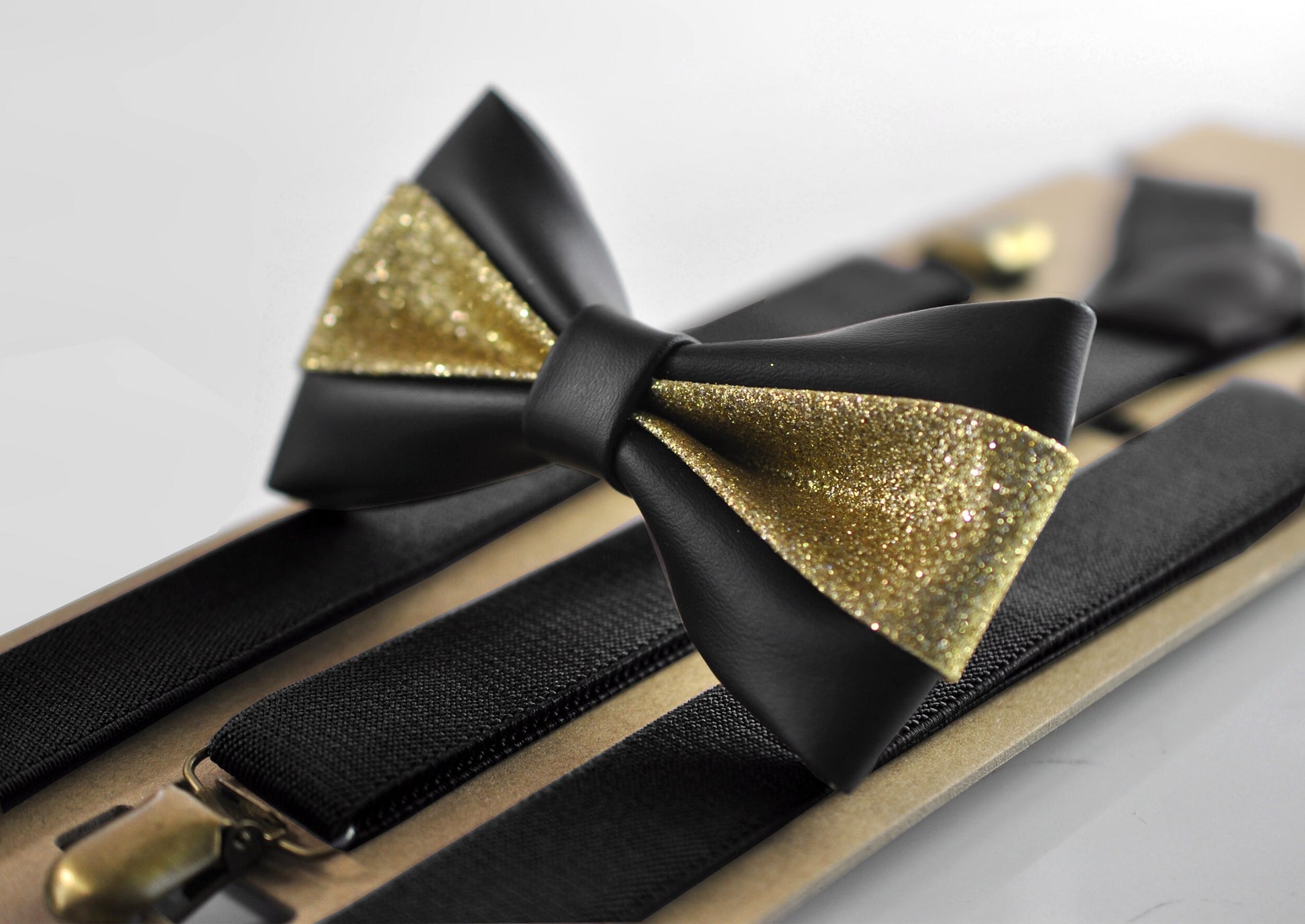 Black Gold Golden Faux Leather Bow tie + matched Elastic Suspenders Braces Men / Youth / Kids Boy /Toddler Baby Infant