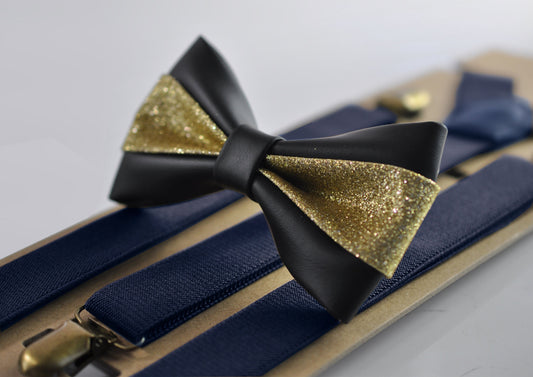 Black Gold Golden Faux Leather Bow tie + Navy blue Elastic Suspenders Braces Men / Youth / Kids Boy /Toddler Baby Infant