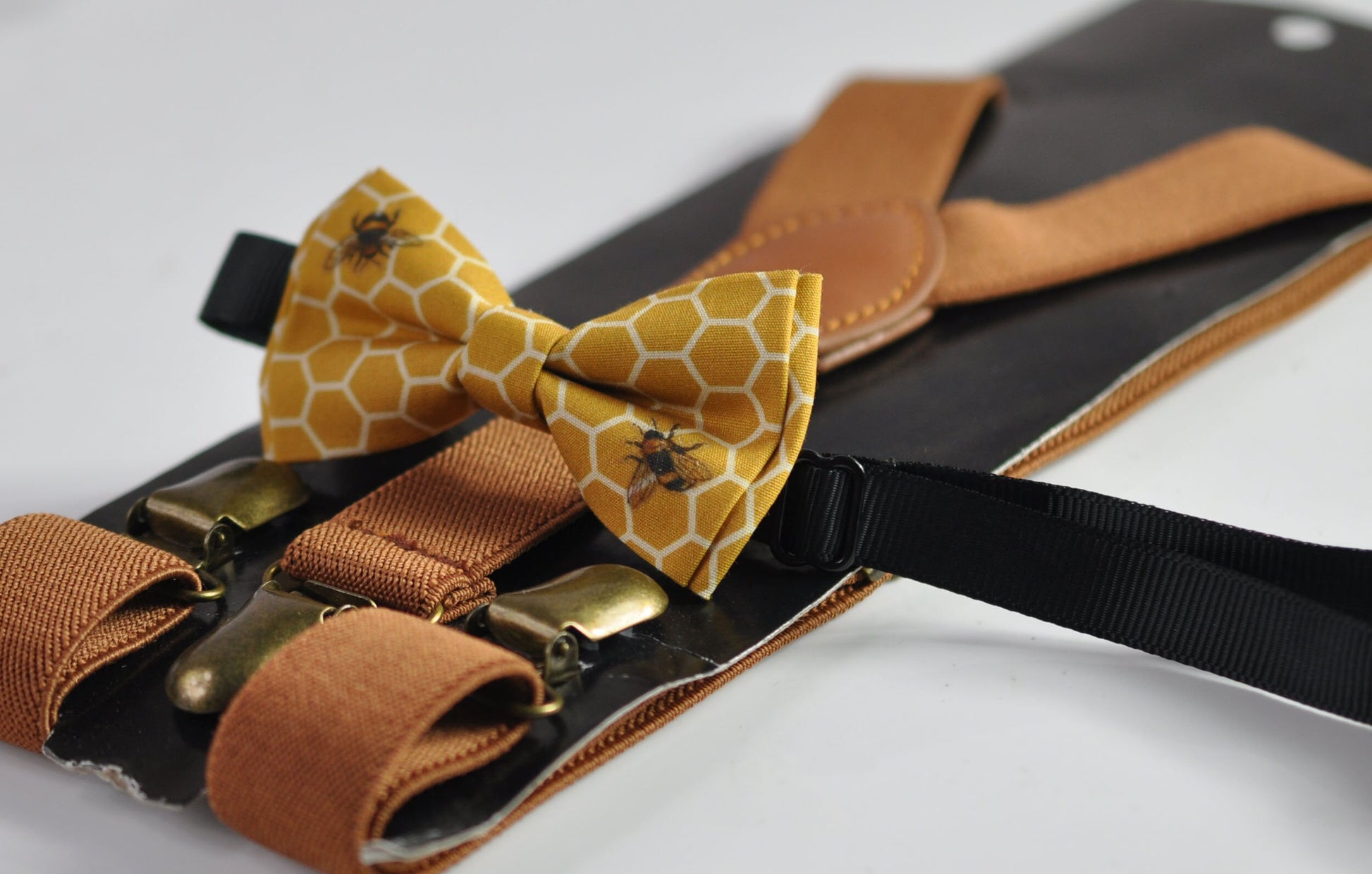 Yellow White Honeycomb Honey comb Cotton Bees Bow tie + Suspenders Braces + Pocket Square Hanky Handkerchief Men / Youth / Boys Kids / Baby