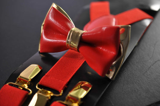 Bright Red Gold Faux Leather Bow tie + Red Elastic Suspenders Braces for Baby Infant / Boy Kids / Youth Teenage / Men