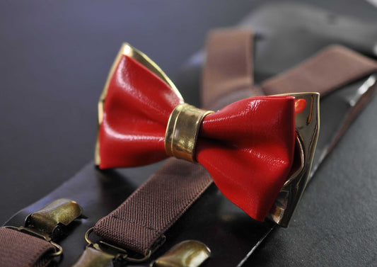 Bright Red Gold Faux Leather Bow tie + Dark Brown Coffee Chocolate Elastic Suspenders Braces for Baby Infant Toddler/ Boy Kids / Youth / Men
