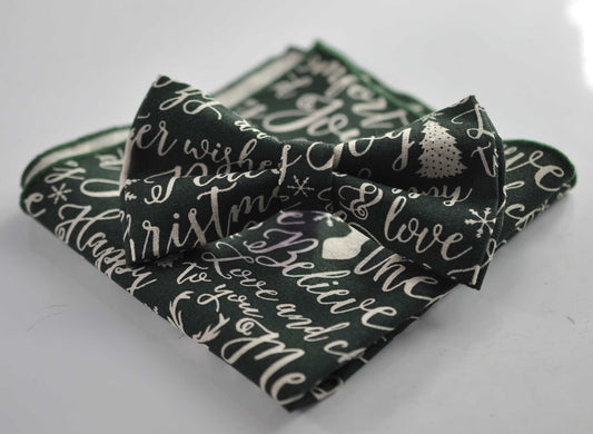 Green White Cotton Christmas ELK Trees Letters Cotton Bow tie and Pocket Squares Wedding Formal Hanky Handkerchief Men