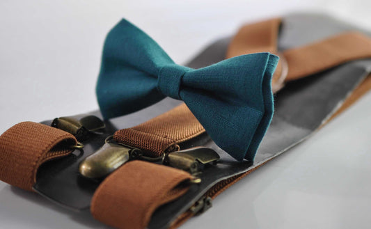 Turquoise Teal Blue Linen Bow tie Bowtie + Tan Brown Elastic Suspenders Braces for Men / Youth Teenage/ Boys Kids / Baby Infant Toddler