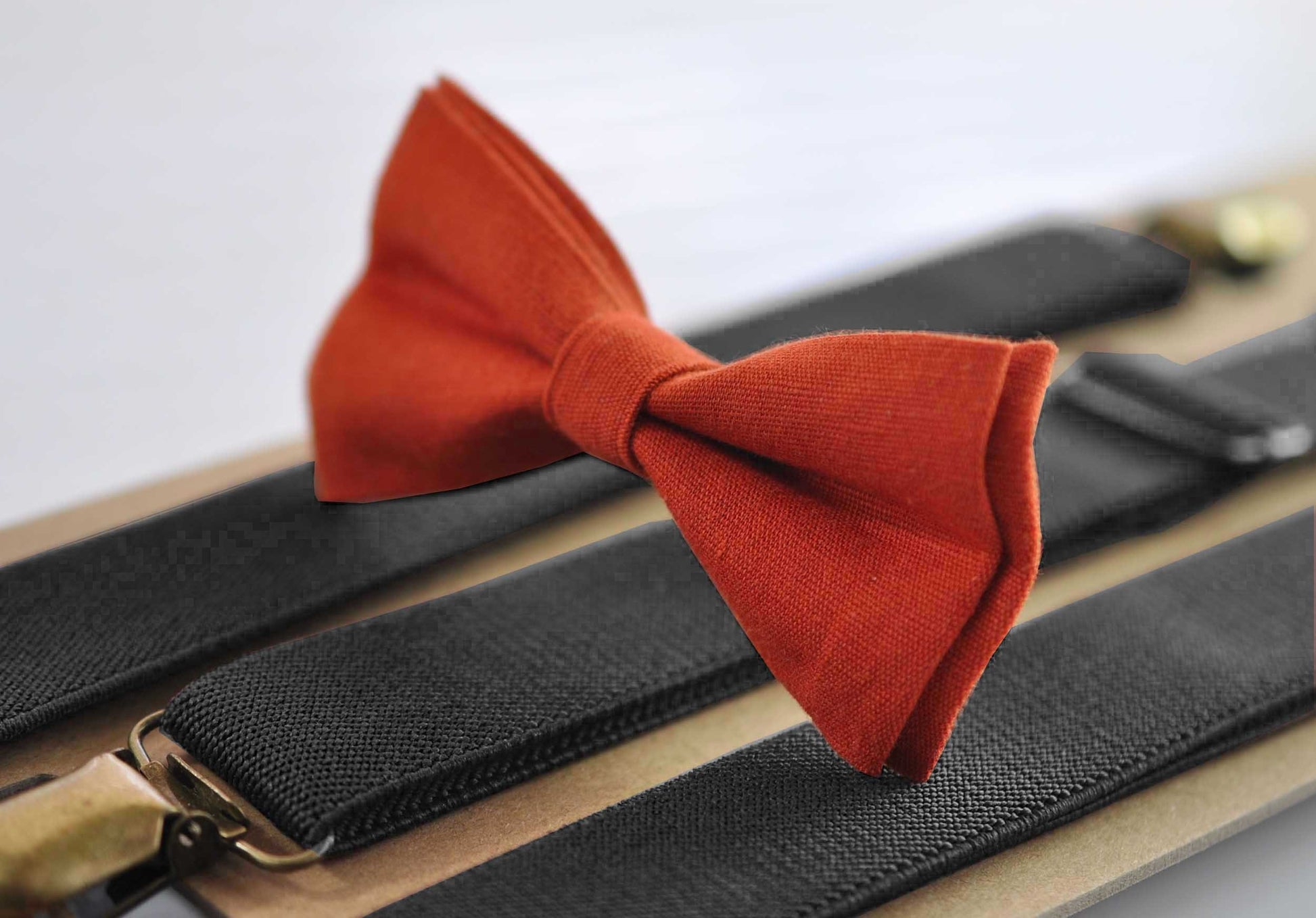 Burnt Orange Linen Bow tie Bowtie + BLACK Elastic Suspenders Braces for Men / Youth / Boys Kids / Baby Infant Toddler
