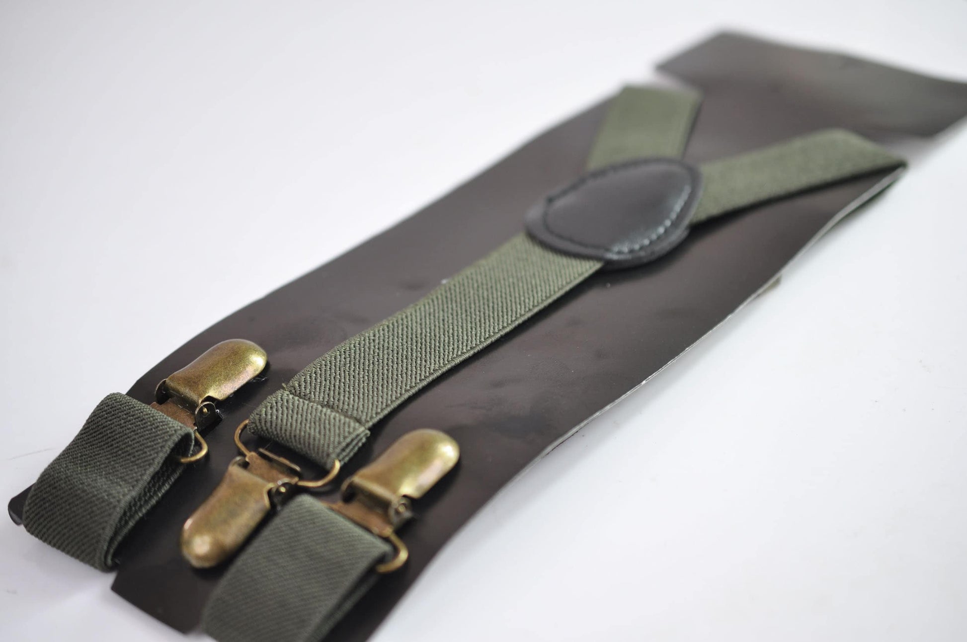 Dark Olive Green Army Green Velvet Gold Leather Bow tie + Matched Elastic Suspenders Braces Men / Youth / Boys Kids / Baby Infant Toddler