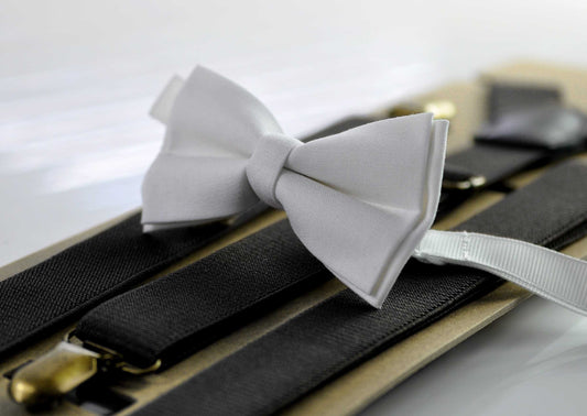 White Cotton Bow tie Bowtie + Black Elastic Suspenders Braces for Men / Youth / Boys Kids / Baby Infant Toddler