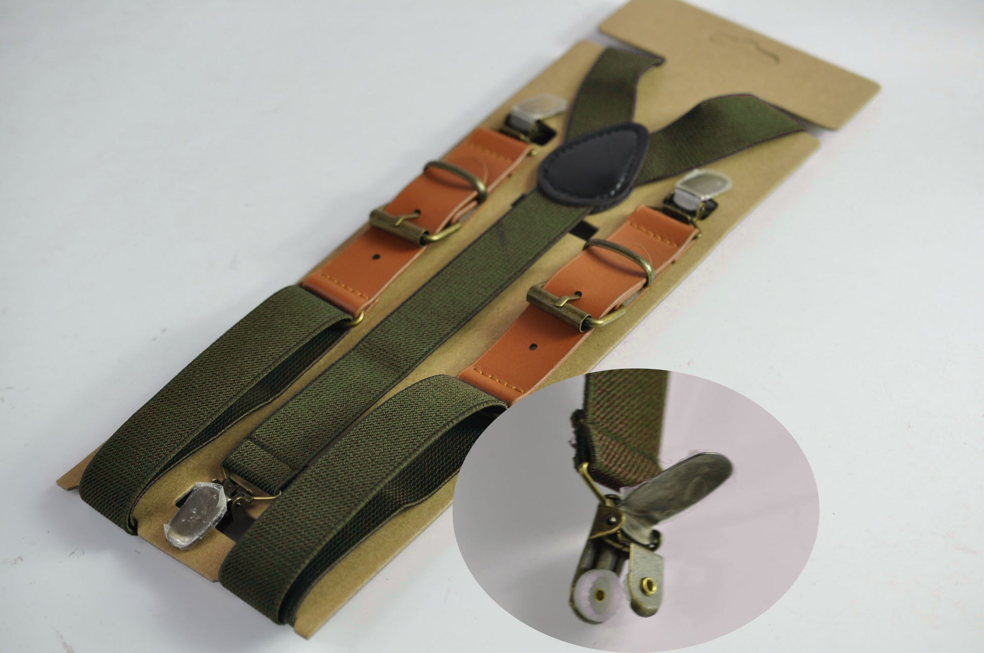 25mm Dark Olive Green Army Green Elastic Tan Faux Leather Adjustabale Suspenders Braces for Men / Youth / Boy Kids / Infant Toddler Baby