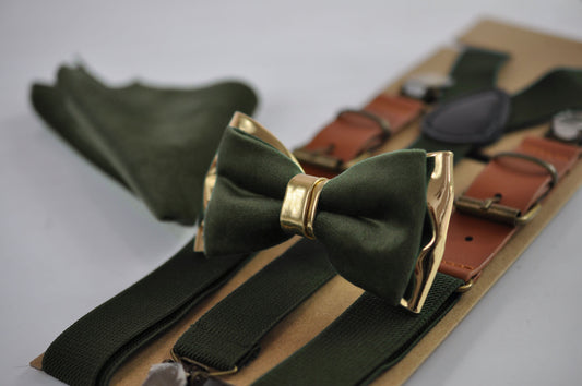 Dark Olive Green Velvet Gold Leather Bow tie + Suspenders Braces + Pocket Square Hanky Handkerchief Men / Youth / Boys Kids / Baby Infant