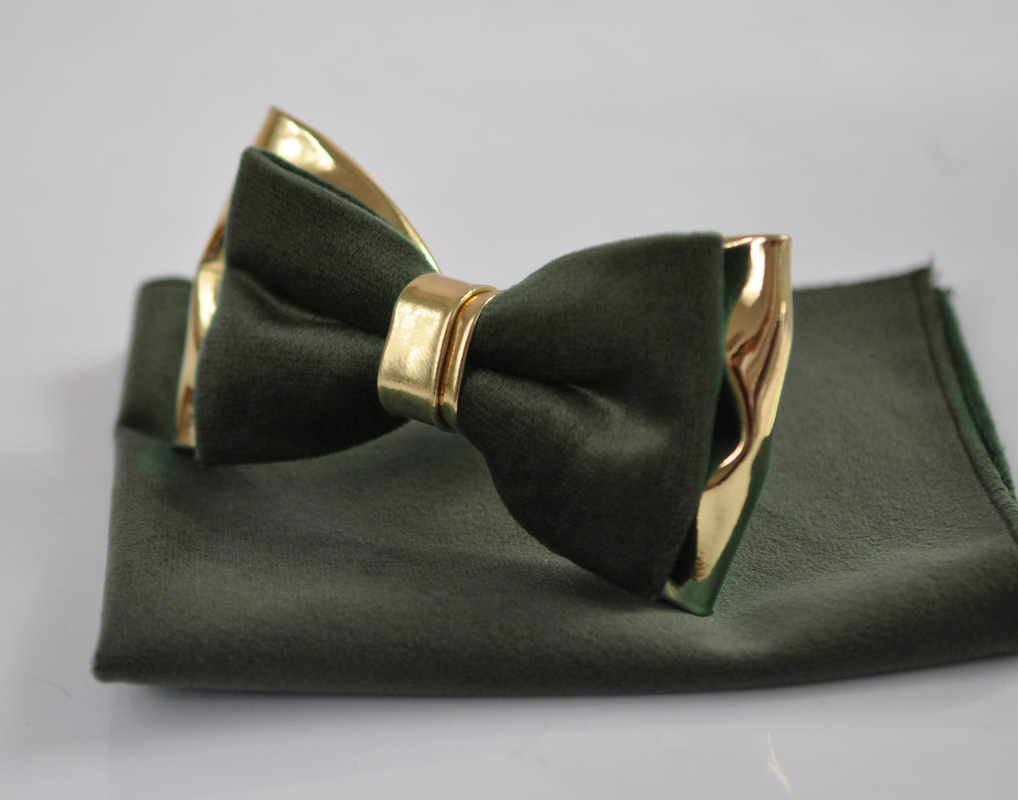 Dark Olive Green Velvet Gold Leather Bow tie + Suspenders Braces + Pocket Square Hanky Handkerchief Men / Youth / Boys Kids / Baby Infant