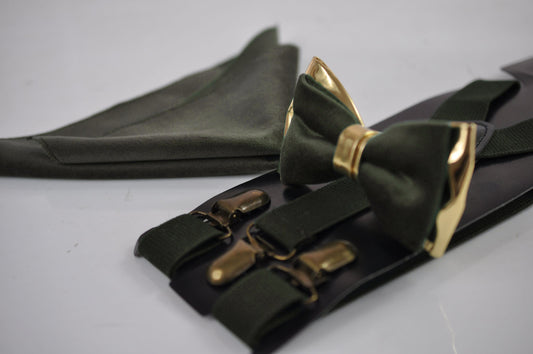 Dark Olive Green Velvet Gold Leather Bow tie + Suspenders Braces + Pocket Square Hanky Handkerchief Men / Youth / Boys Kids / Baby Infant