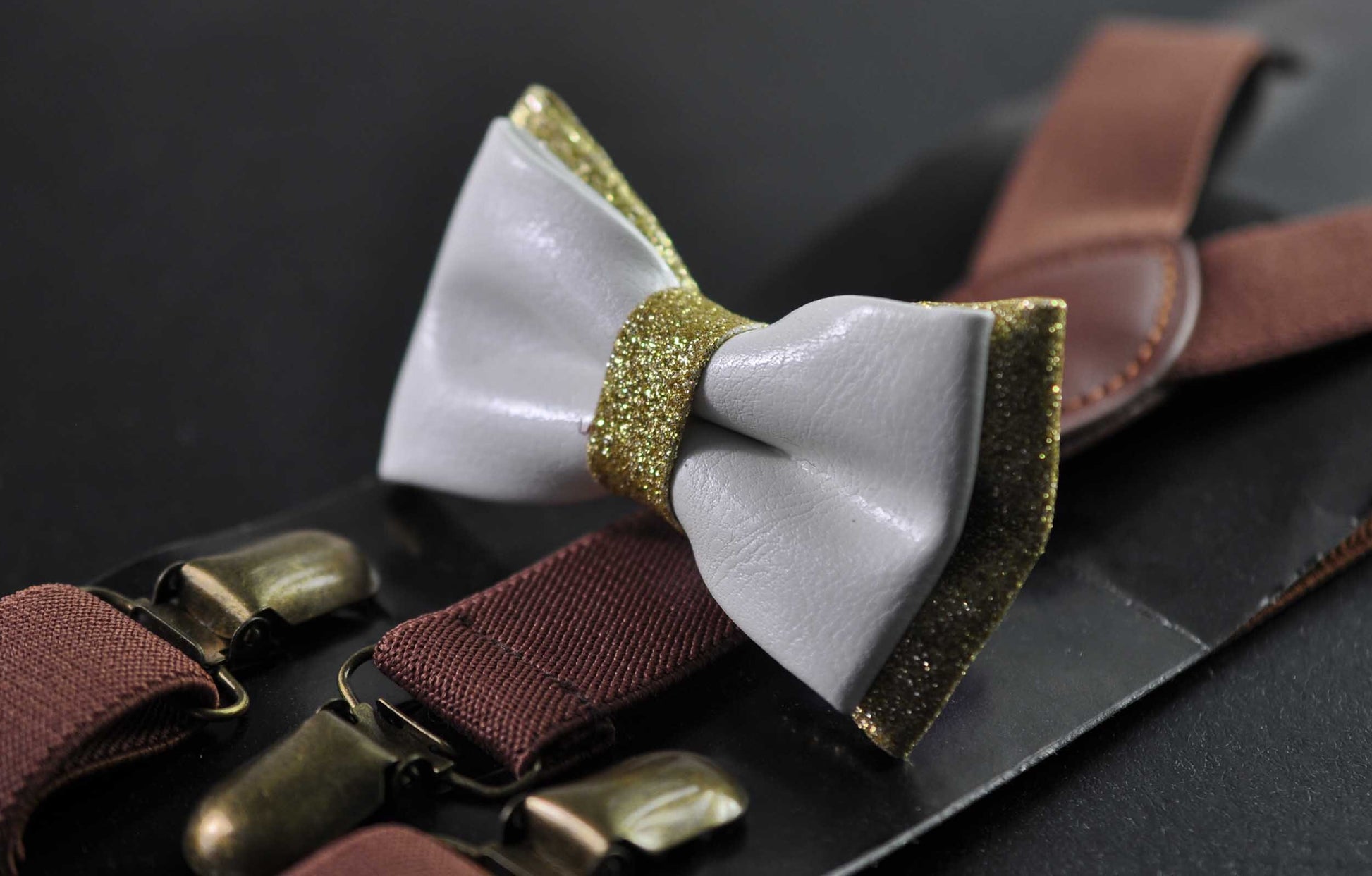 White Gold Faux Leather Bow tie + Dark Brown Coffee Elastic Suspenders Braces Men / Youth / Kids Boy /Toddler Baby Infant