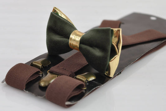 Dark Olive Green Army Green Velvet Gold Leather Bow tie + Coffee Brown Elastic Suspenders Braces Men / Youth / Boys / Baby Infant Toddler