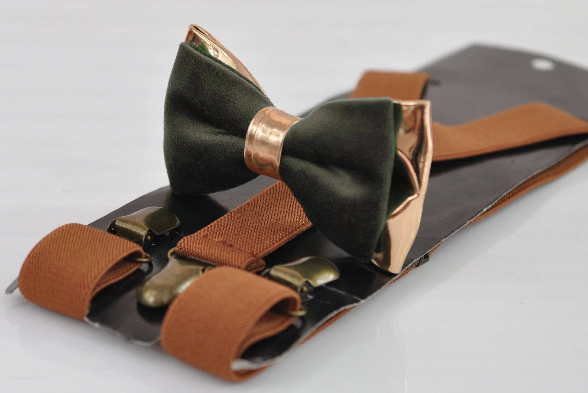 Dark Olive Green Army Green Velvet Rose Gold Leather Bow tie + Tan Brown Suspenders Braces Men / Youth / Boys Kids / Baby Infant Toddler