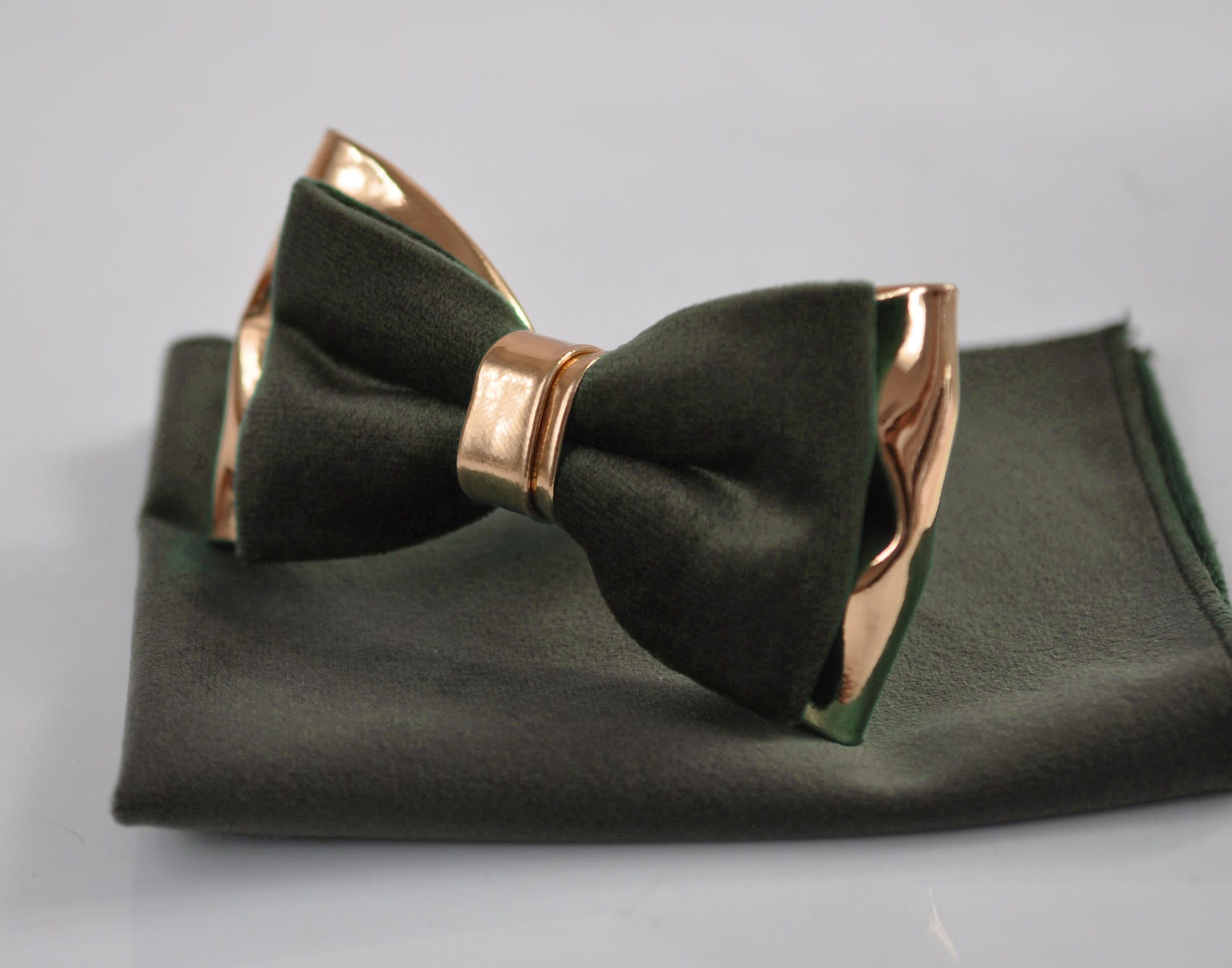 Dark Olive Green Velvet Rose Gold Leather Bow tie + Suspenders Braces + Pocket Square Hanky Handkerchief Men / Youth / Boys / Baby Infant