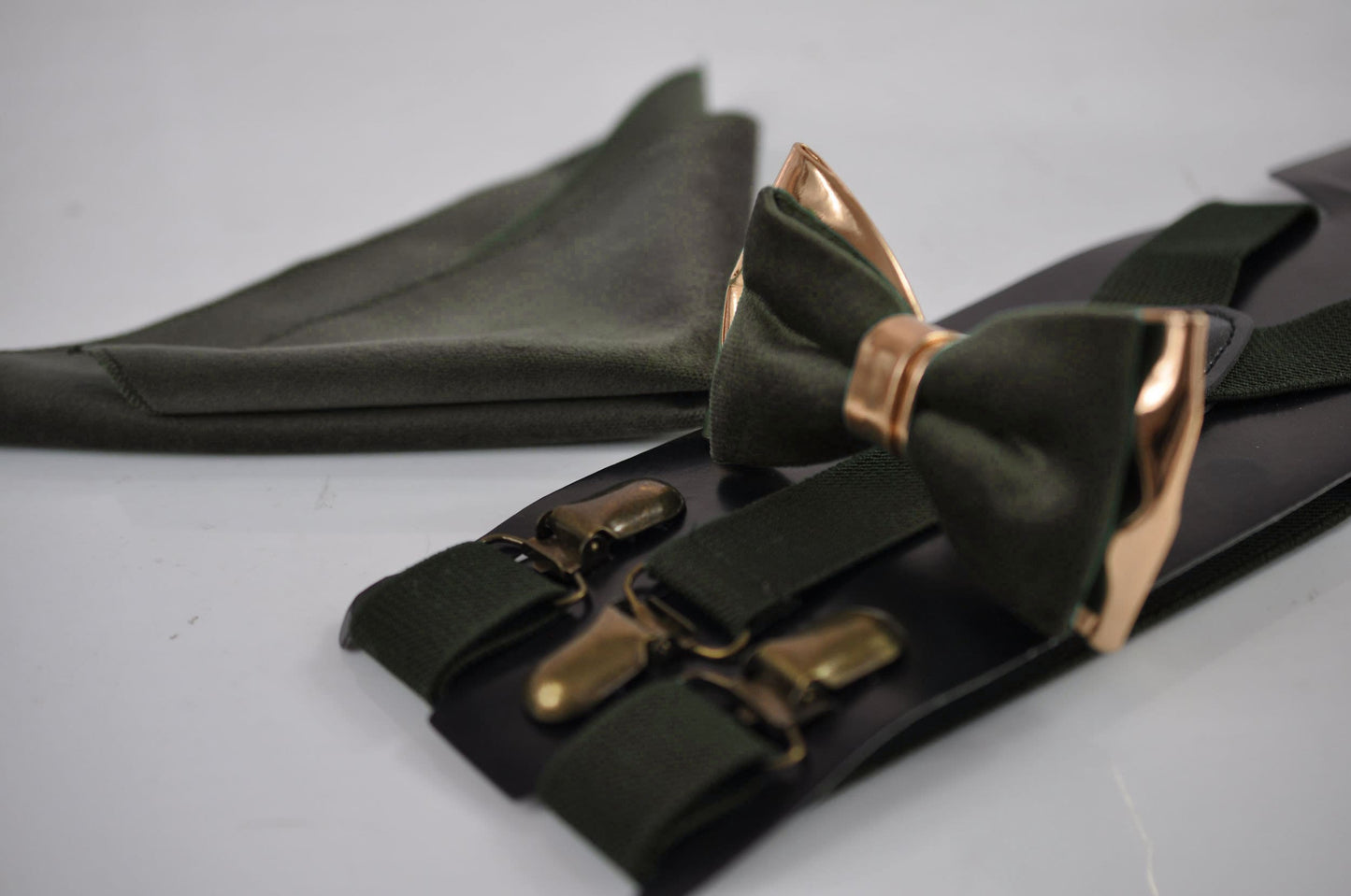 Dark Olive Green Velvet Rose Gold Leather Bow tie + Suspenders Braces + Pocket Square Hanky Handkerchief Men / Youth / Boys / Baby Infant