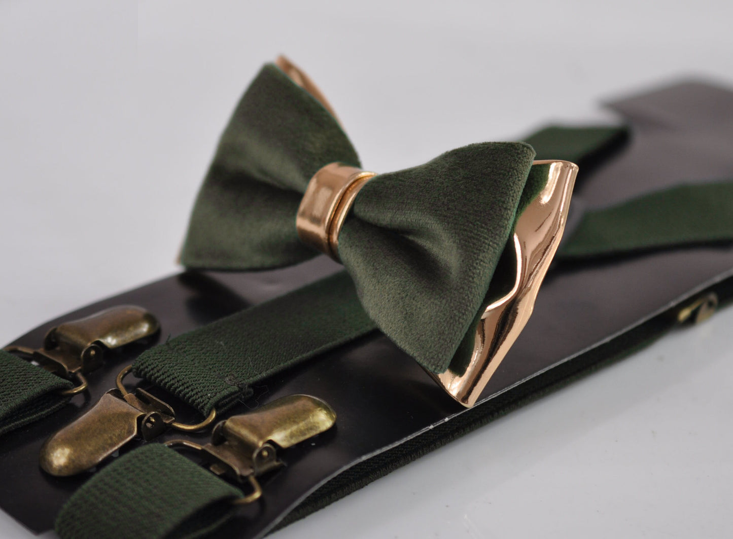 Dark Olive Green Velvet Rose Gold Leather Bow tie + Suspenders Braces + Pocket Square Hanky Handkerchief Men / Youth / Boys / Baby Infant