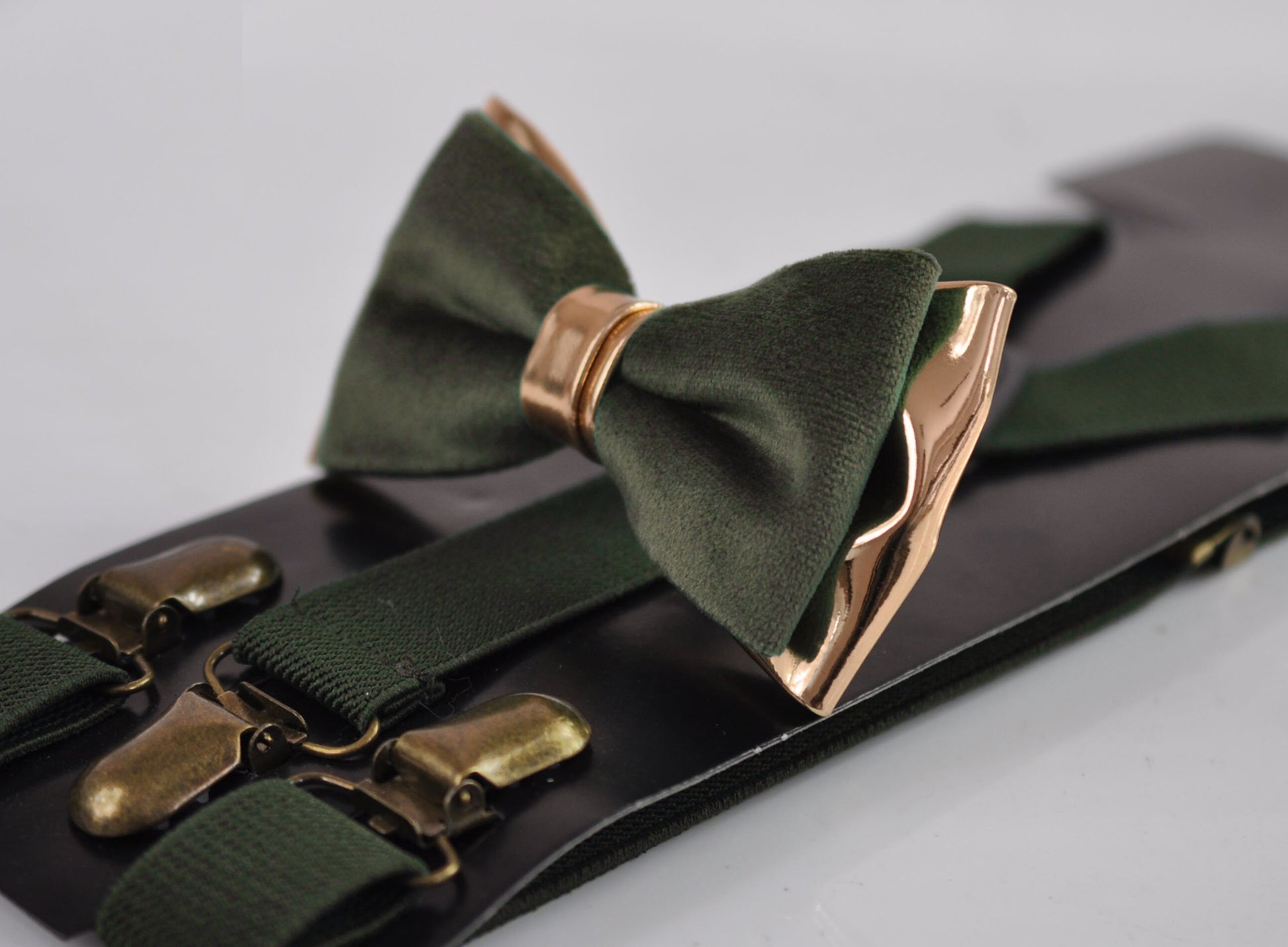 Dark Olive Green Velvet Rose Gold Leather Bow tie + Suspenders Braces + Pocket Square Hanky Handkerchief Men / Youth / Boys / Baby Infant