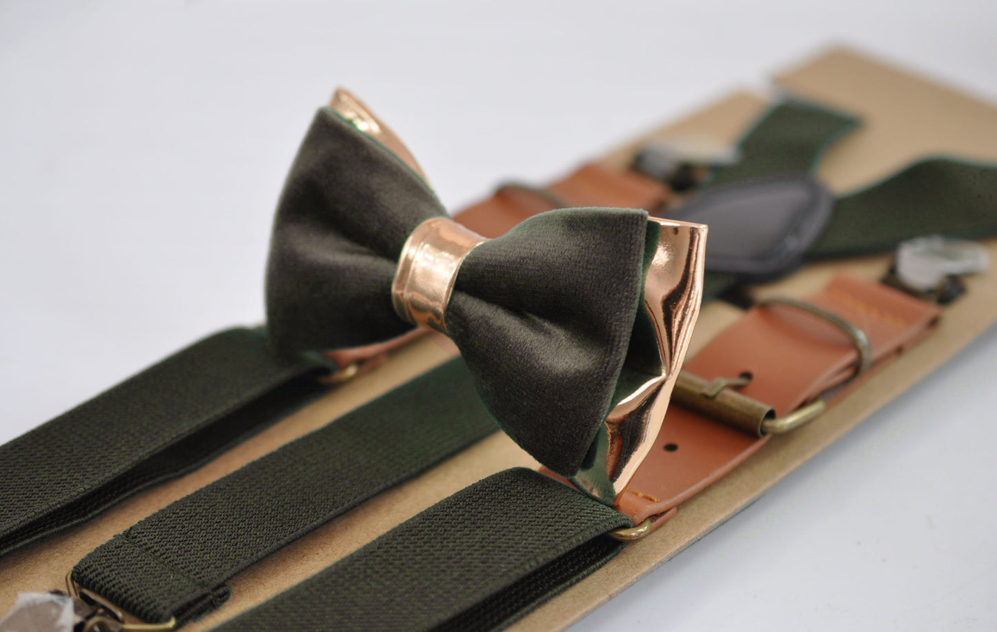 Dark Olive Green Velvet ROSE Gold Leather Bow tie + Suspenders Braces + Pocket Square Hanky Handkerchief Men / Youth / Boys / Baby Infant