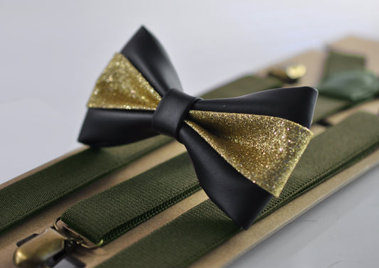 Black Gold Golden Faux Leather Bow tie + Olive Green Army Green Elastic Suspenders Braces Men / Youth / Kids Boy /Toddler Baby Infant