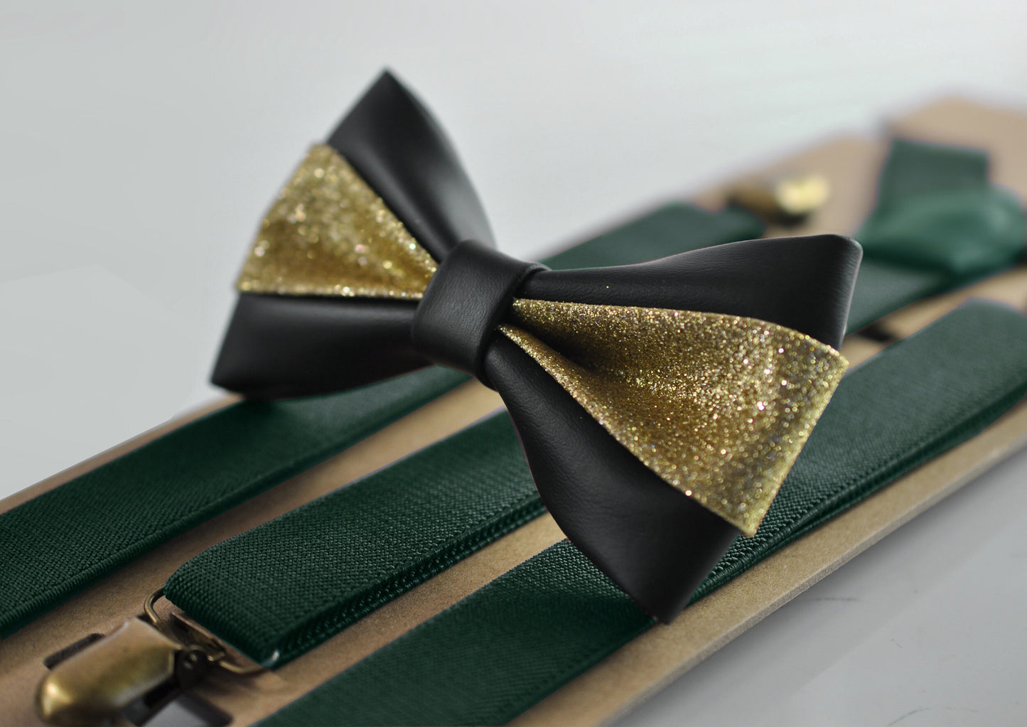 Black Gold Golden Faux Leather Bow tie + Emerald Green Elastic Suspenders Braces Men / Youth / Kids Boy /Toddler Baby Infant