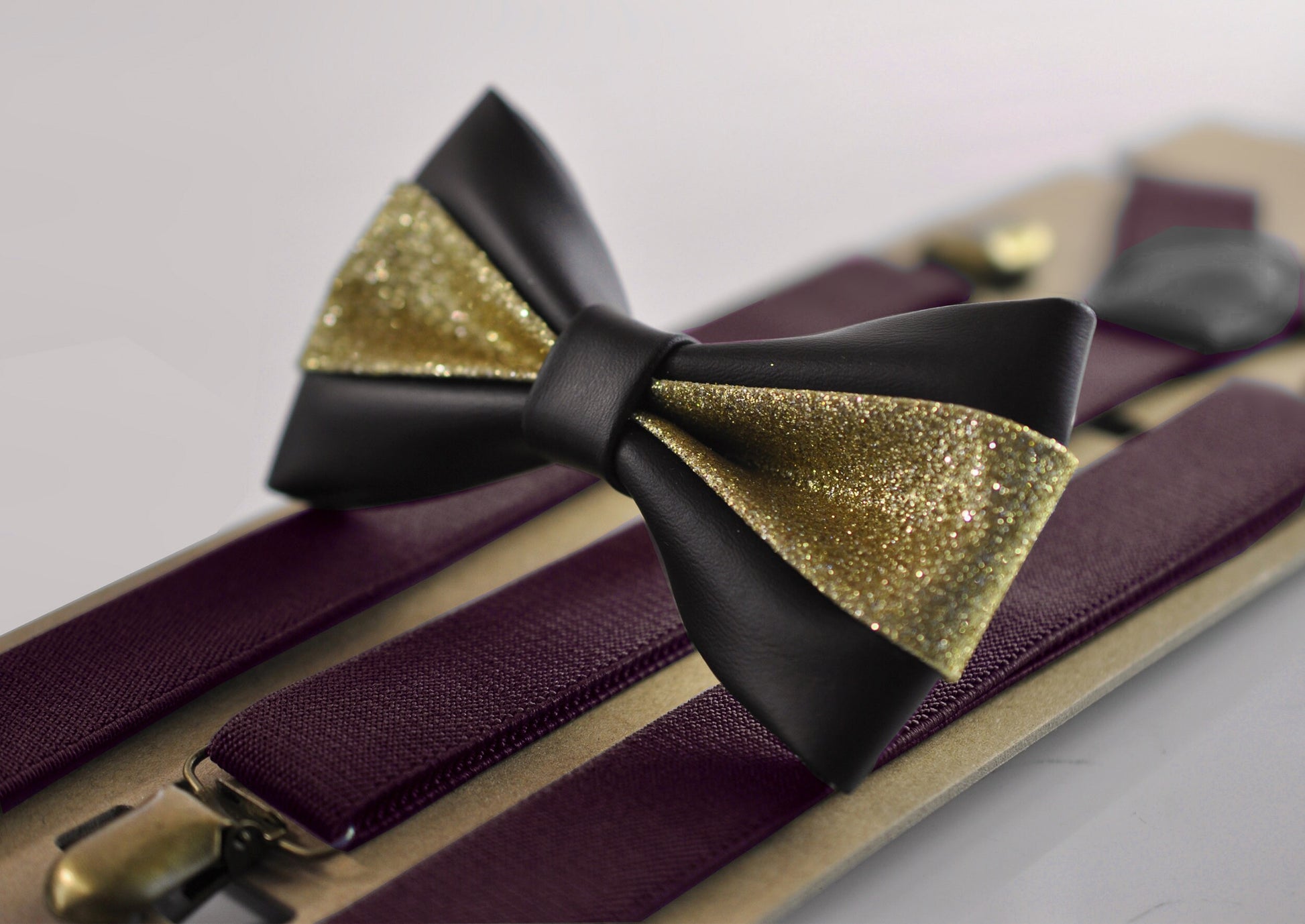 Black Gold Golden Faux Leather Bow tie + Burgundy Wine Red Elastic Suspenders Braces Men / Youth / Kids Boy /Toddler Baby Infant