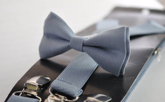 Dusty blue Light BLue Linen Bow tie Bowtie + Matched Elastic Suspenders Braces for Men / Youth / Boys Kids / Baby Infant Toddler
