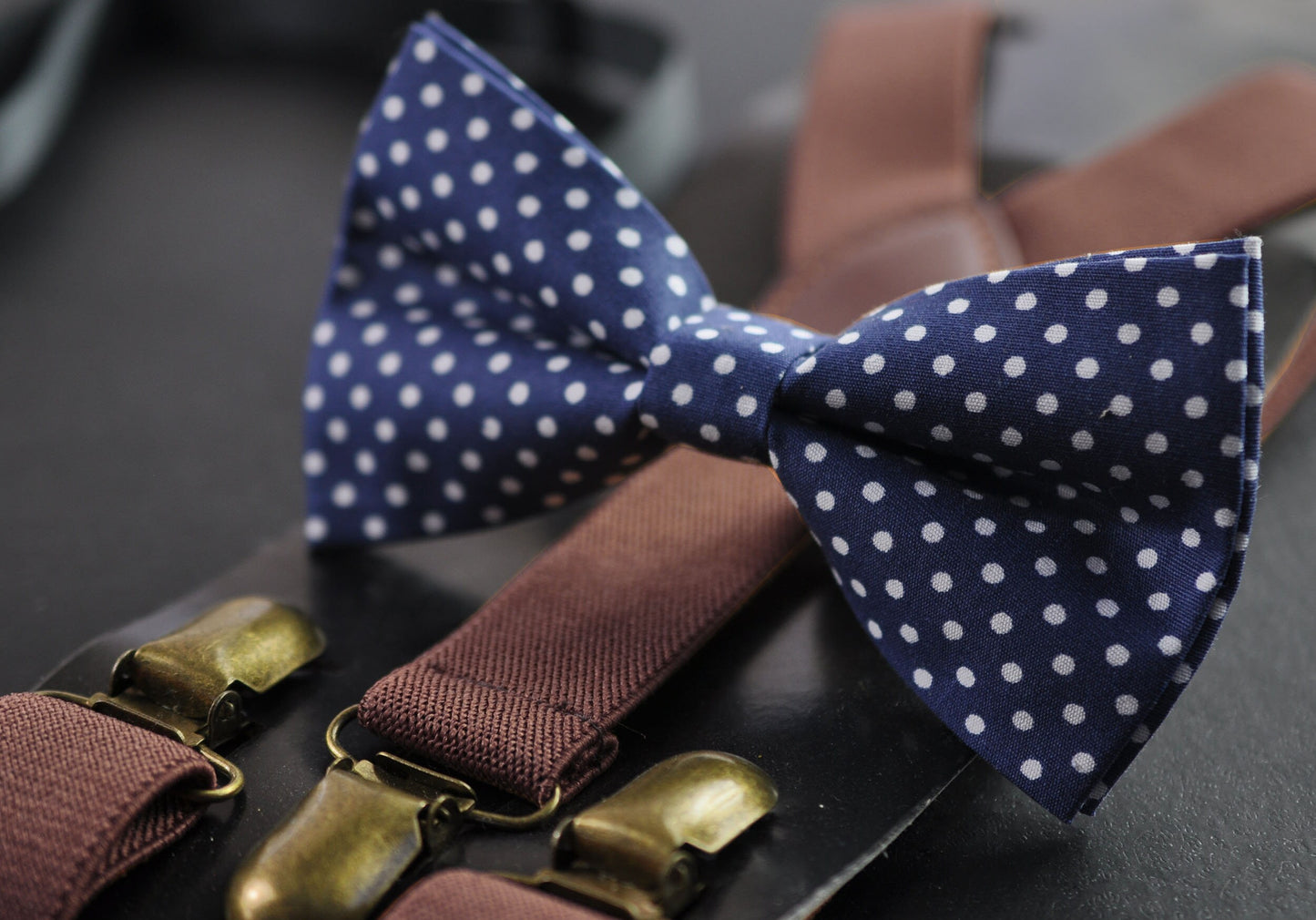 Navy Blue White Dots Polka Dot Spots Bow tie Bowtie + Dark Brown Elastic Suspenders Braces for Baby infant / Boy Kids / Youth / Adult