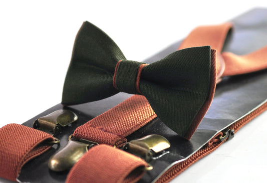 Olive Green Army and Rust Brown Bow tie Bowtie + Rust Terracotta Elastic Suspenders Braces Men / Youth/ Boys Kids / Baby Infant Toddler