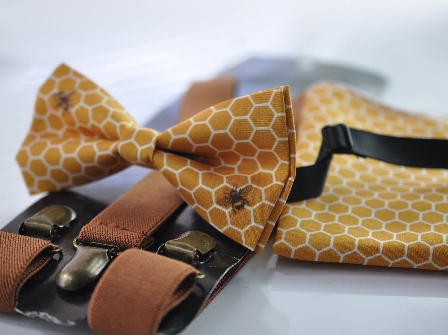 Yellow White Honeycomb Honey comb Cotton Bees Bow tie + Suspenders Braces + Pocket Square Hanky Handkerchief Men / Youth / Boys Kids / Baby