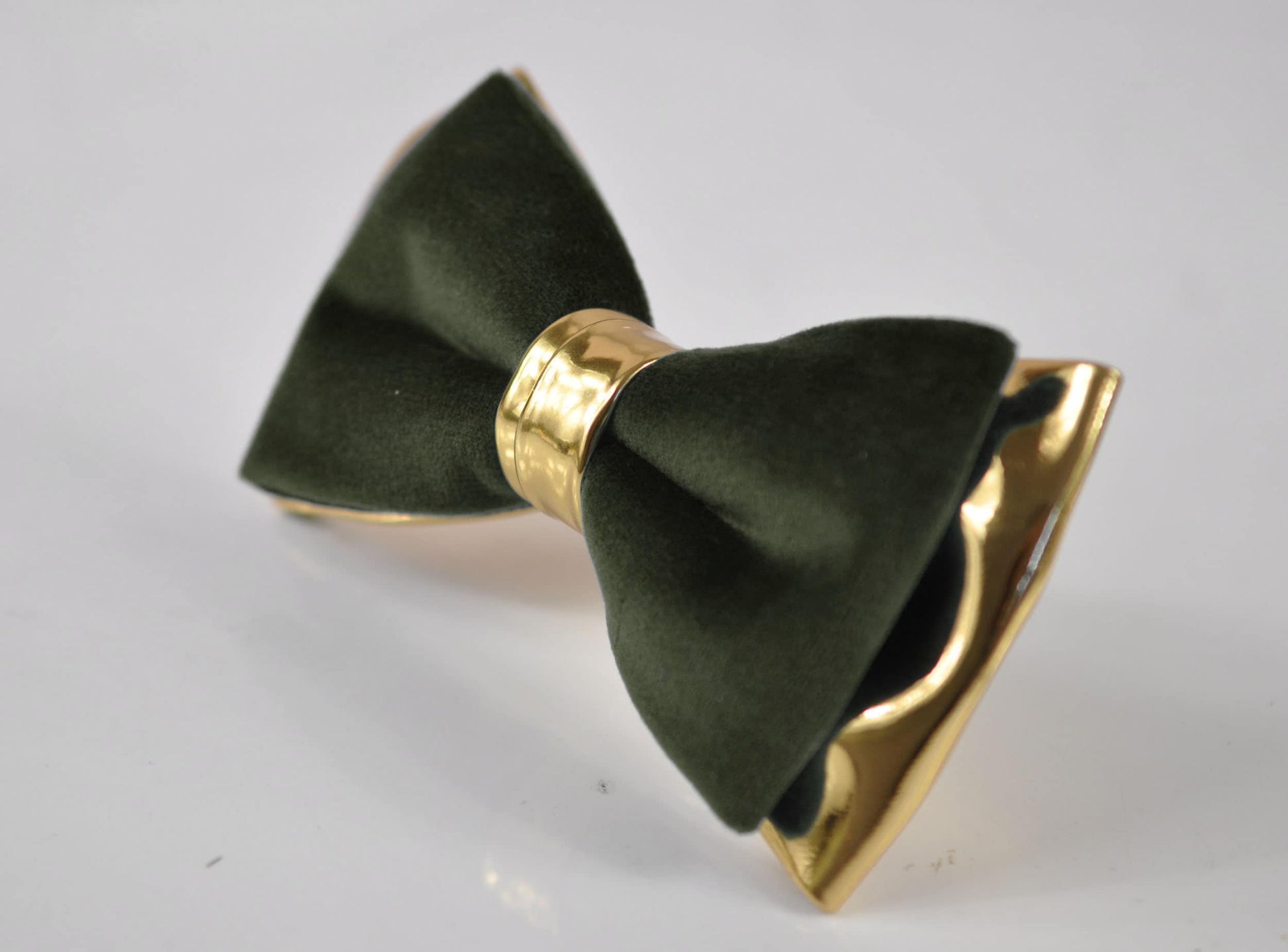 Dark Olive Green Army Green Velvet Gold Leather Bow tie + Matched Elastic Suspenders Braces Men / Youth / Boys Kids / Baby Infant Toddler