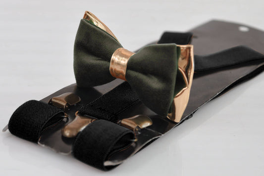 Dark Olive Green Army Green Velvet Rose Gold Leather Bow tie + BLACK Suspenders Braces Men / Youth / Boys Kids / Baby Infant Toddler