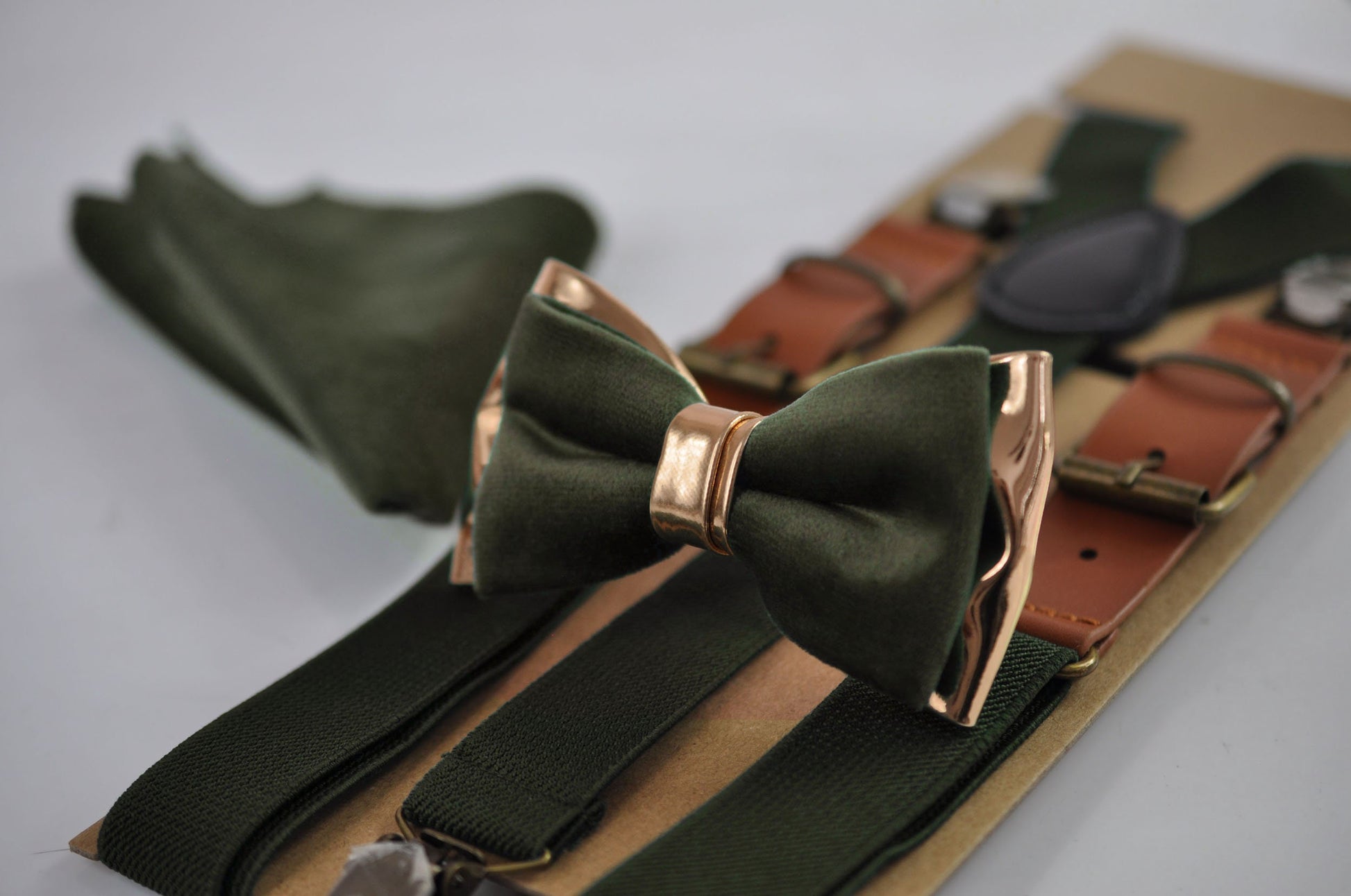 Dark Olive Green Velvet ROSE Gold Leather Bow tie + Suspenders Braces + Pocket Square Hanky Handkerchief Men / Youth / Boys / Baby Infant