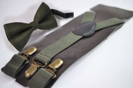 Olive Green Army Green Cotton Bow tie + Elastic Suspenders Braces for Men / Youth Teenage / Boys Kids / Baby Infant Toddler