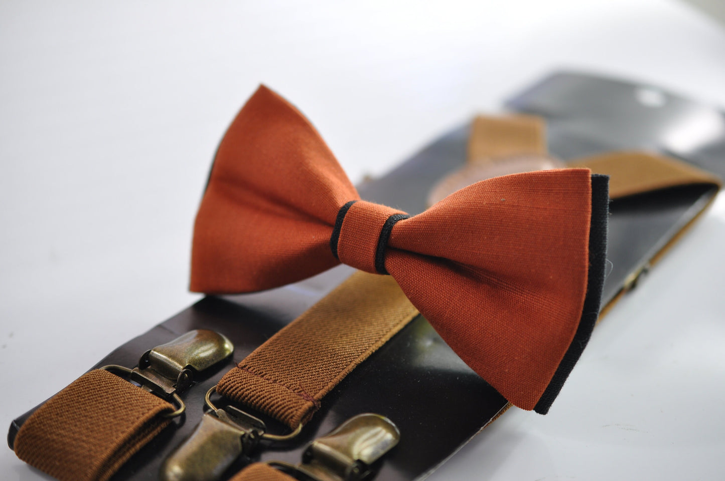 Burnt Orange Black Linen Bow tie Bowtie + Toffee Brown Elastic Suspenders Braces for Men / Youth Teenage/ Boys Kids / Baby Infant Toddler