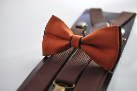 Burnt Orange Black Linen Bow tie Bowtie + Dark Coffee Brown Elastic Suspenders Braces for Men / Youth / Boys Kids / Baby Infant Toddler