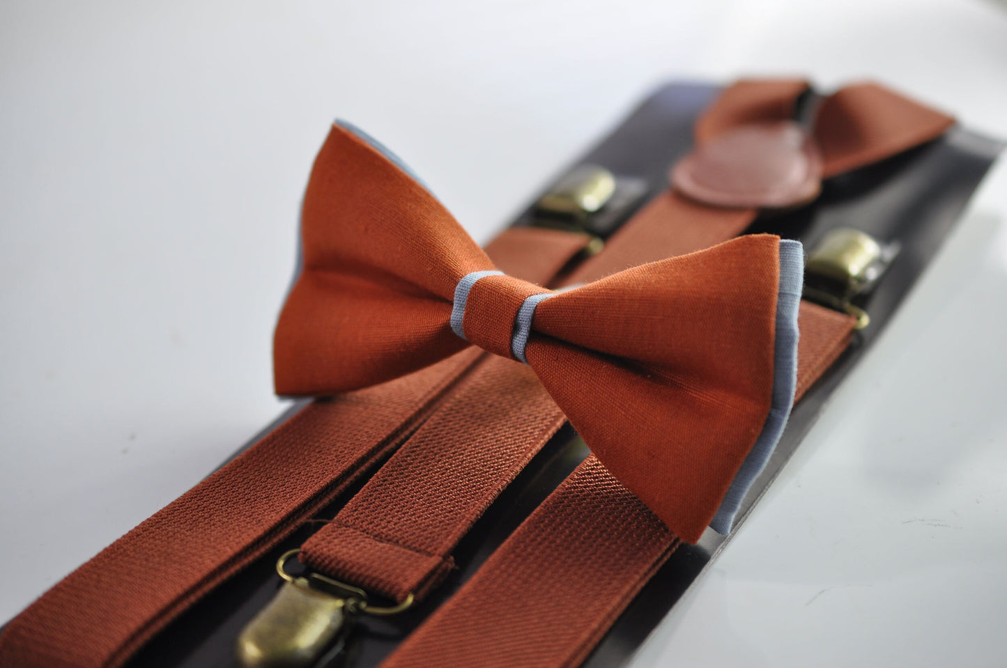 Dusty Blue and Burnt Orange Linen Bow tie Bowtie + RUST Suspenders Braces for Men / Youth Teenage/ Boys Kids / Baby Infant Toddler