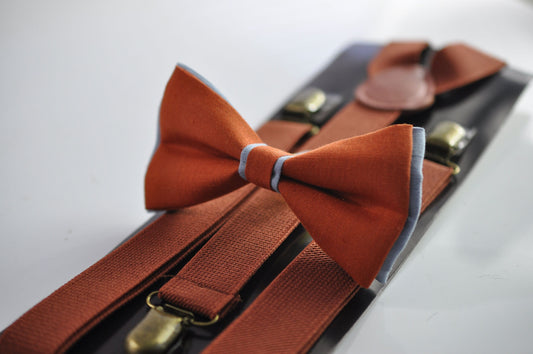 Dusty Blue and Burnt Orange Linen Bow tie Bowtie + RUST Suspenders Braces for Men / Youth Teenage/ Boys Kids / Baby Infant Toddler