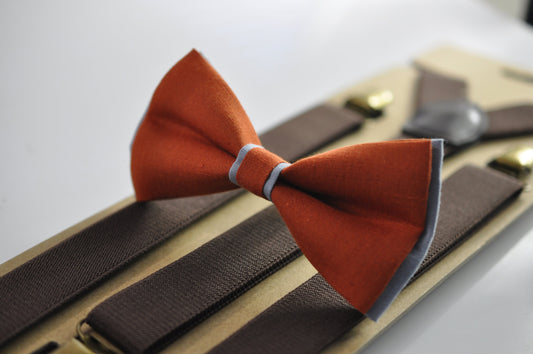 Burnt Orange Dusty Blue Linen Bow tie + Coffee Chocolate Brown Suspenders Braces for Men / Youth Teenage/ Boys Kids / Baby Infant Toddler
