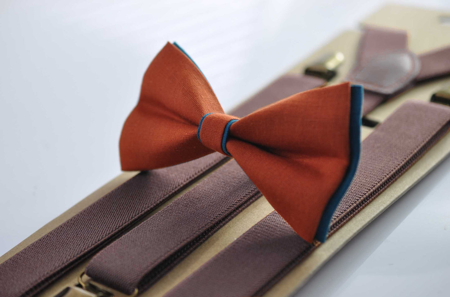 Turquoise Teal Blue Burnt Orange Linen Bow tie Bowtie + Coffee Brown Suspenders Braces Men / Youth Teenage/ Boys Kids / Baby Infant Toddler