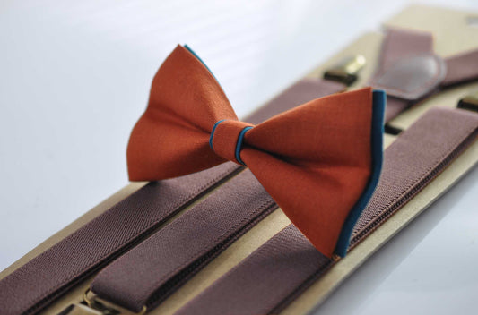 Turquoise Teal Blue Burnt Orange Linen Bow tie Bowtie + Coffee Brown Suspenders Braces Men / Youth Teenage/ Boys Kids / Baby Infant Toddler