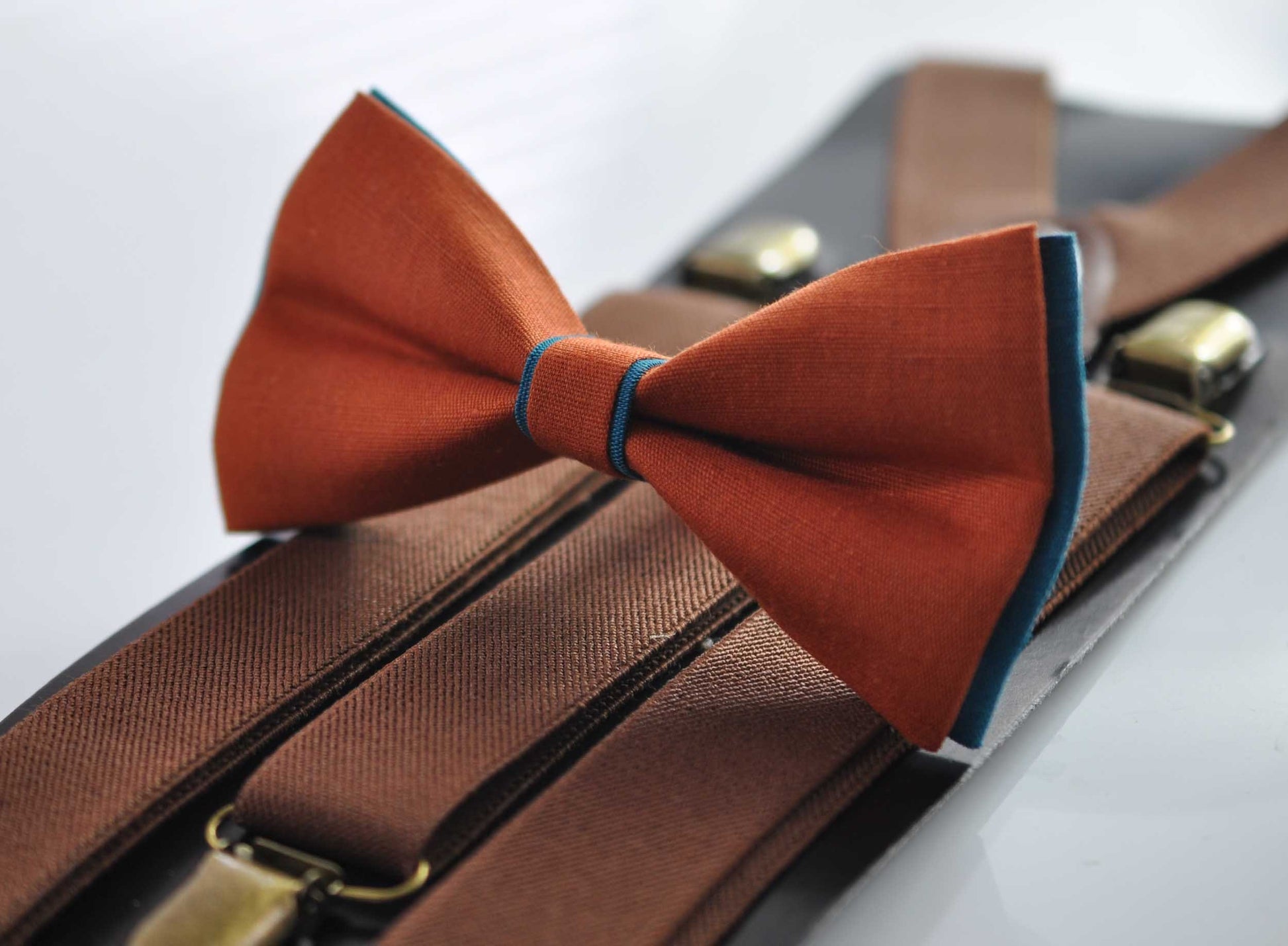 Turquoise Teal Blue and Burnt Orange Linen Bow tie Bowtie + Brown Suspenders Braces Men / Youth Teenage/ Boys Kids / Baby Infant Toddler