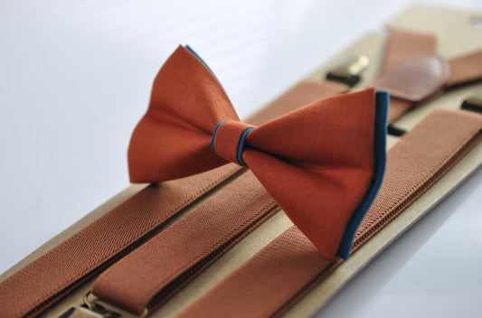 Turquoise Teal Blue and Burnt Orange Linen Bow tie Bowtie + Tan Brown Suspenders Braces Men / Youth Teenage/ Boys Kids / Baby Infant Toddler