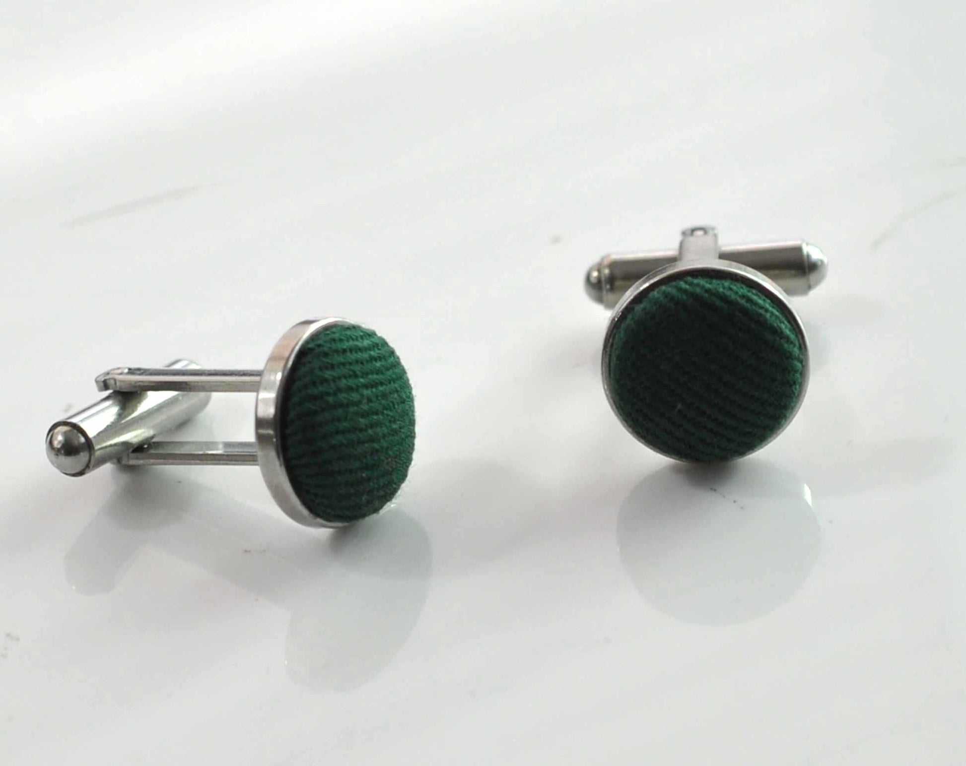 Emerald Green Bottle Green Cotton Fabric Silver Cufflinks